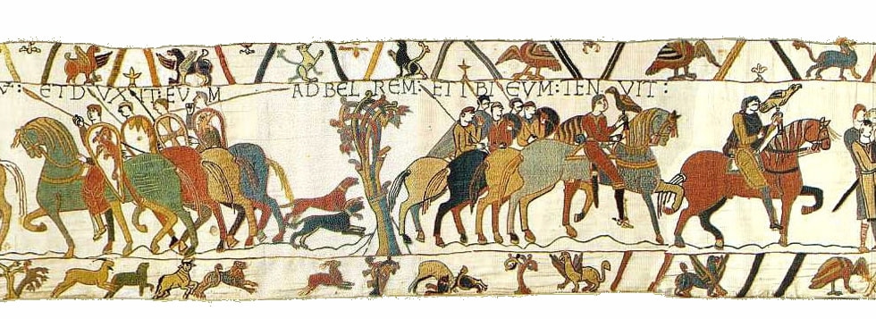 Scène 8 de la Tapisserie de Bayeux : Guido de Ponthieu conduit les prisonniers à son château. 